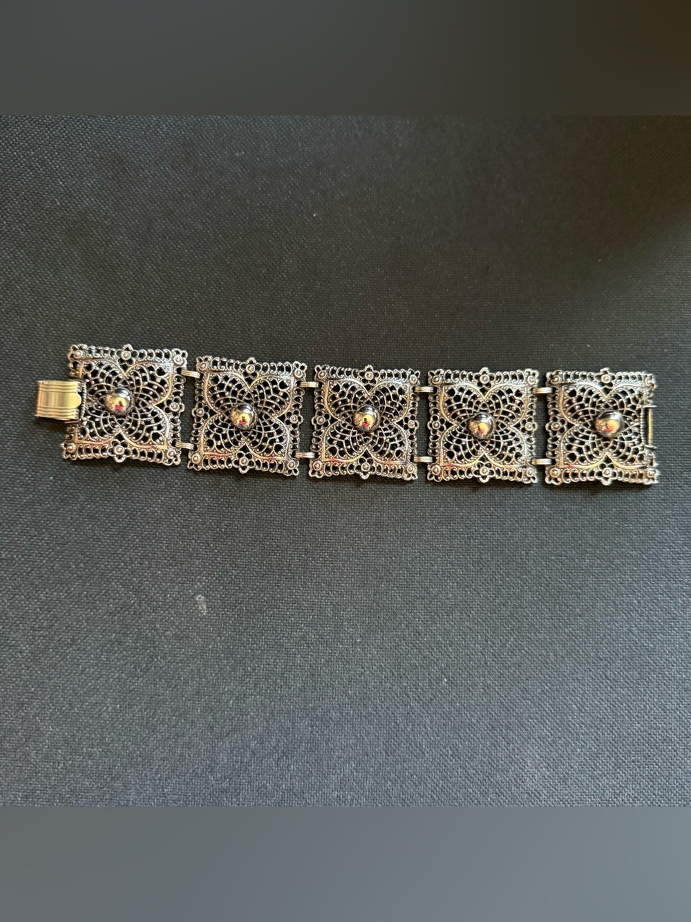 1960's Filigree Panel Celebrity Silver Tone Wide Link Bracelet Chunky